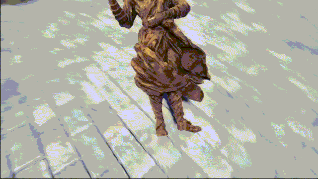 Cara throws the statue over the wall.