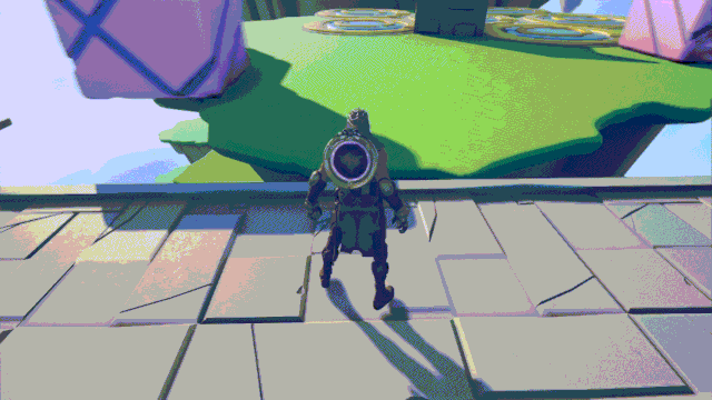 Gideon getting pushed off the upper island by a pusher box